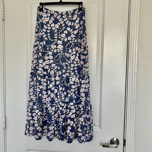 Emi & Joe Women's Medium Long Skirt Blue & Pink Floral Flare A-Line Dressy - Picture 1 of 11